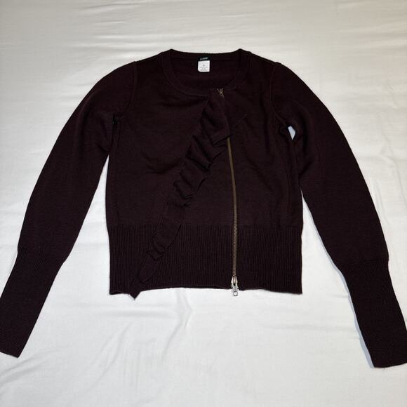 J Crew Womens Size XS Brown Merino Wool Ruffle Moto Sweater Zip Up Crewneck NWOT - Picture 1 of 14
